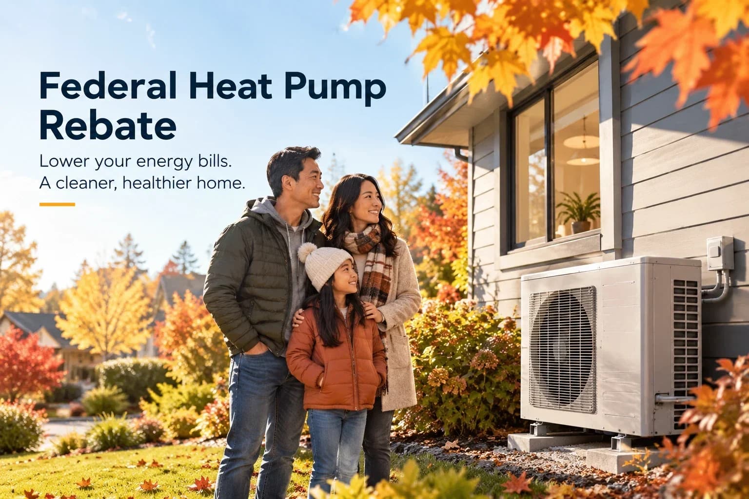 A family outside their home in autumn beside a heat pump: Federal Heat Pump Rebate. Lower your energy bills. A cleaner, healthier home.