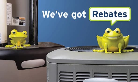 FortisBC rebates: two frog mascots on a gas furnace and a heat pump, with the words “We’ve got Rebates”